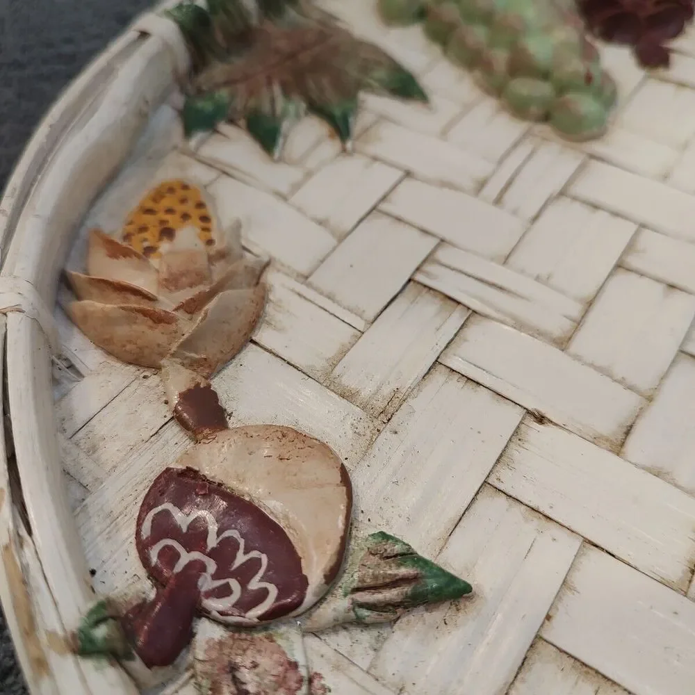 Vtg Woven Basket Platter Fall Fruit Pumpkins Clay Hand Painted Multi Use 14